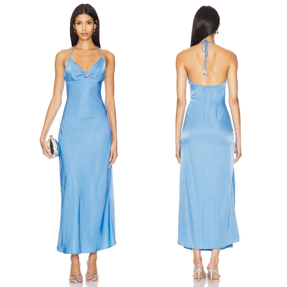 NEW LSPACE Maya Maxi Dress in Very Peri Blue Satin Midi Halter Small